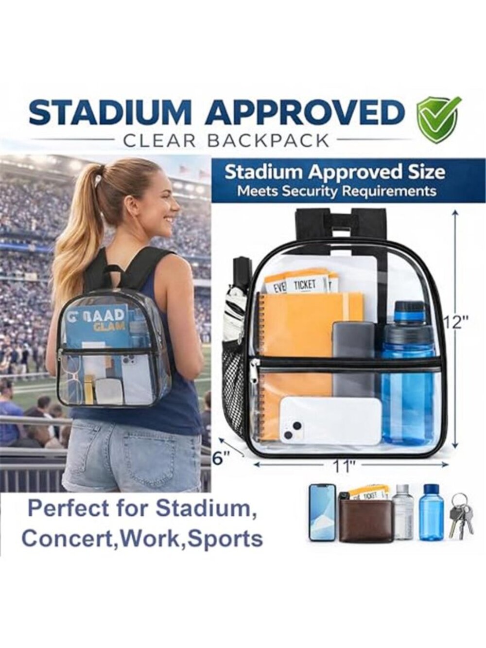 Clear Backpack Stadium Approved, Clear Bag 12 x 6 x 11 in, Small - Picture 2 of 6
